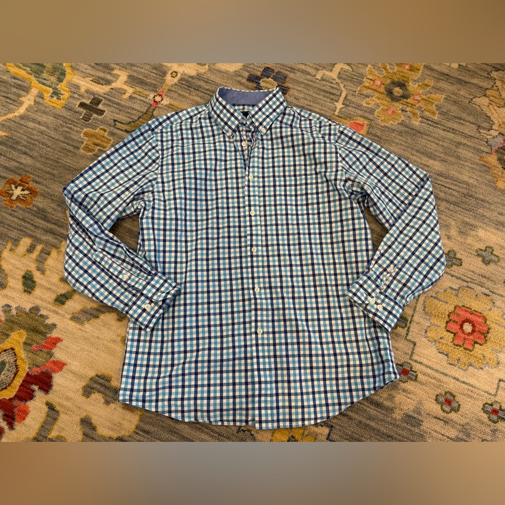 Charleston Threads Shirt Mens L Blue Navy Plaid Check Button Down Long Sleeve
